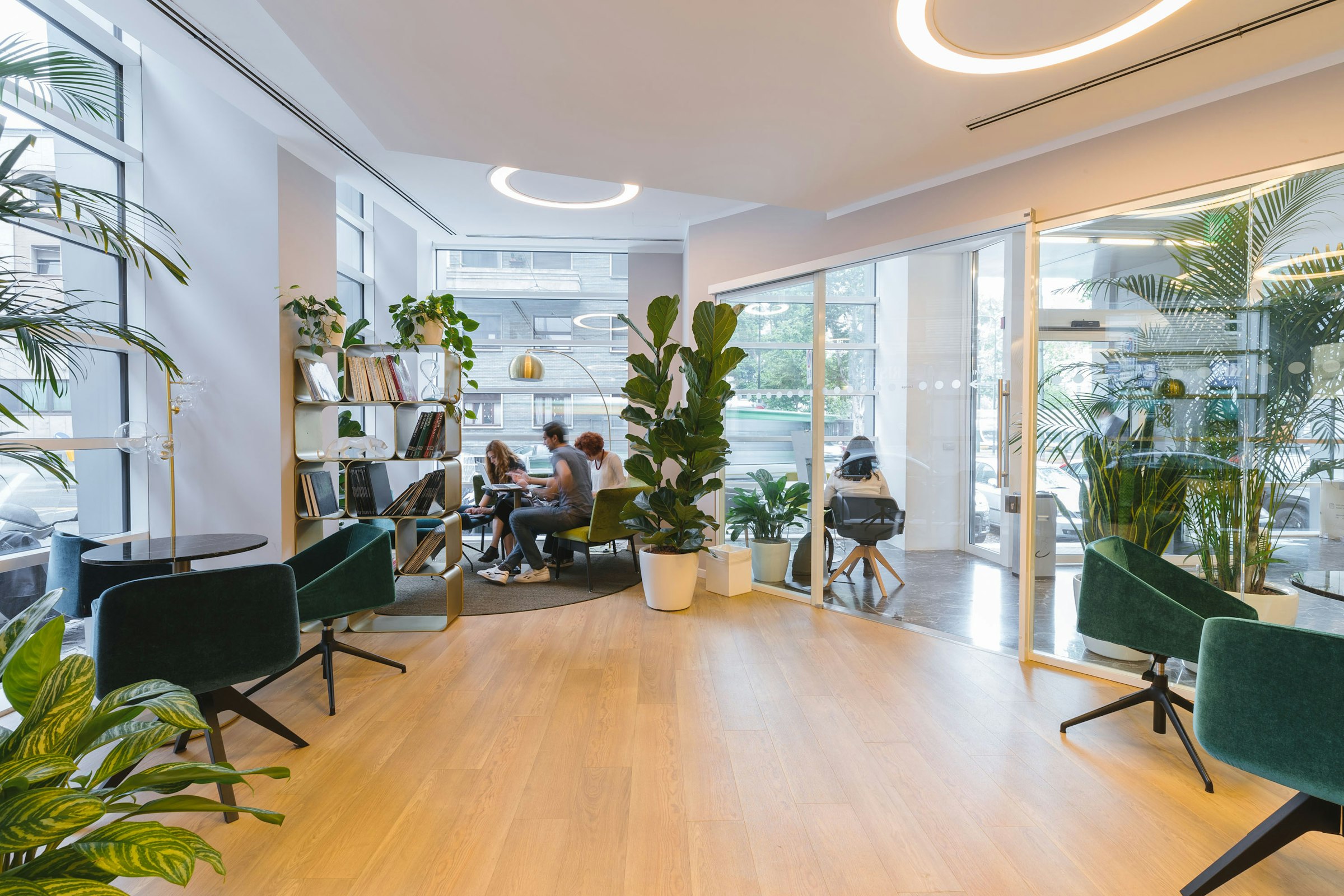 Bright, clean office lounge with plants