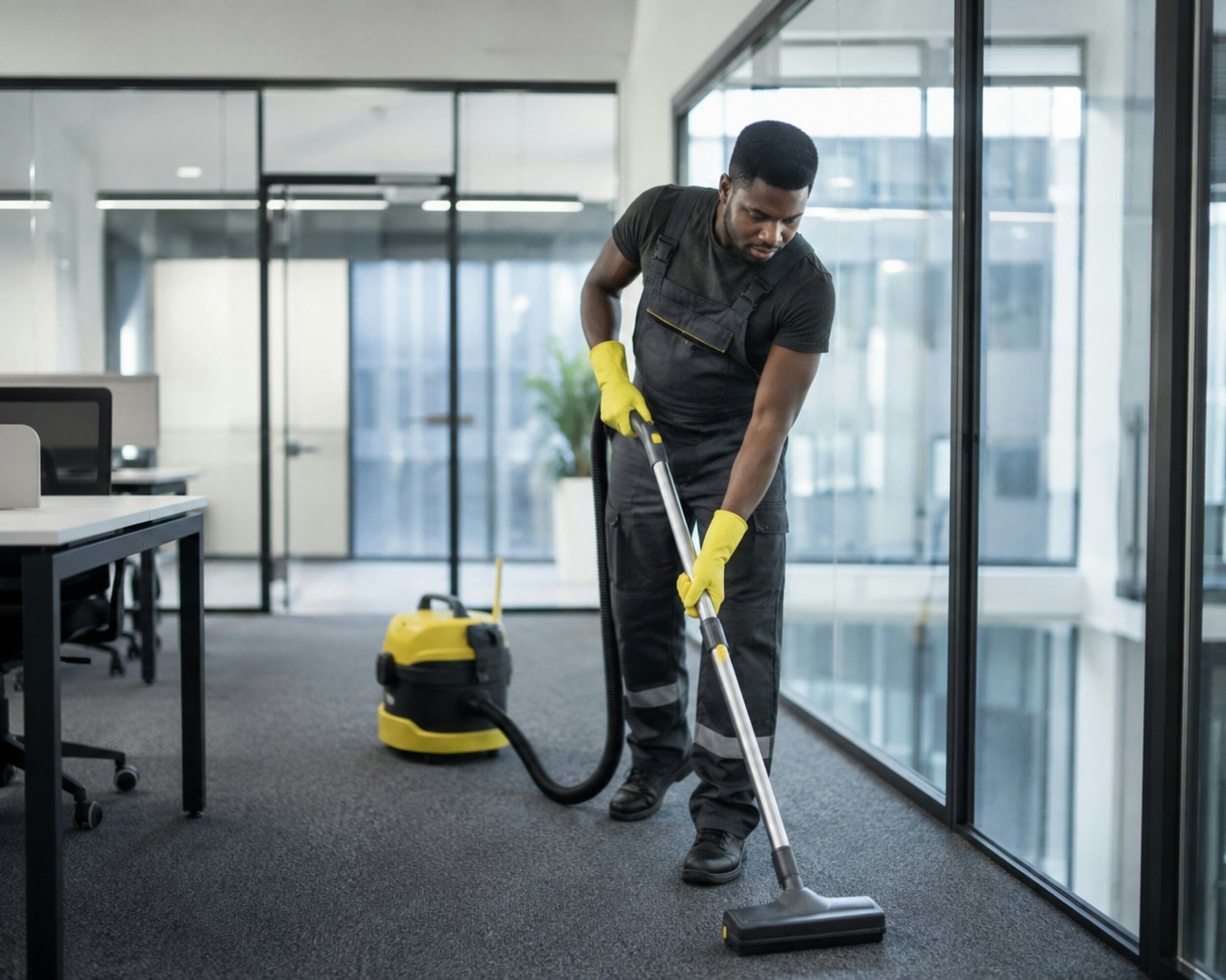 Housekeeper vacuuming an office floor